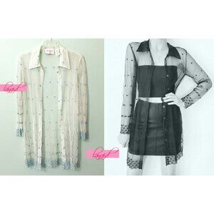 Hugo Buscati Turquoise Sheer Transparent Mesh Button-Up Long Shirt Cardigan Top